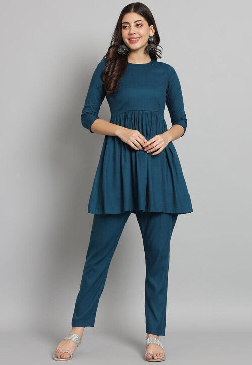 Buy Solid Color Cotton Rayon Co Ord Set in Teal Blue Online : TSR55 ...