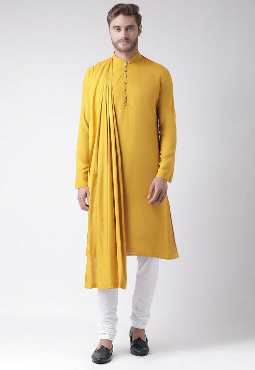 Solid Color Cotton Rayon Pleated Kurta in Mustard