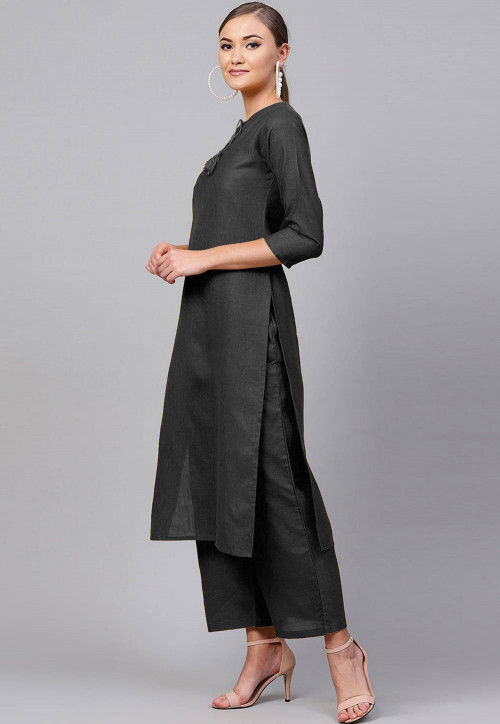 Solid Color Rayon Straight Kurta in Black