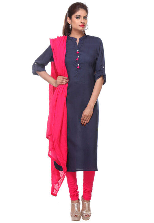 Solid Color Cotton Rayon Straight Suit in Navy Blue