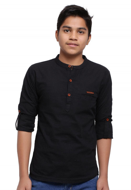Solid Color Cotton Short Kurta in Black