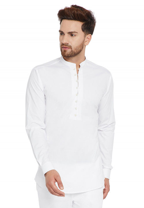 Solid Color Cotton Short Kurta in White : MEE945