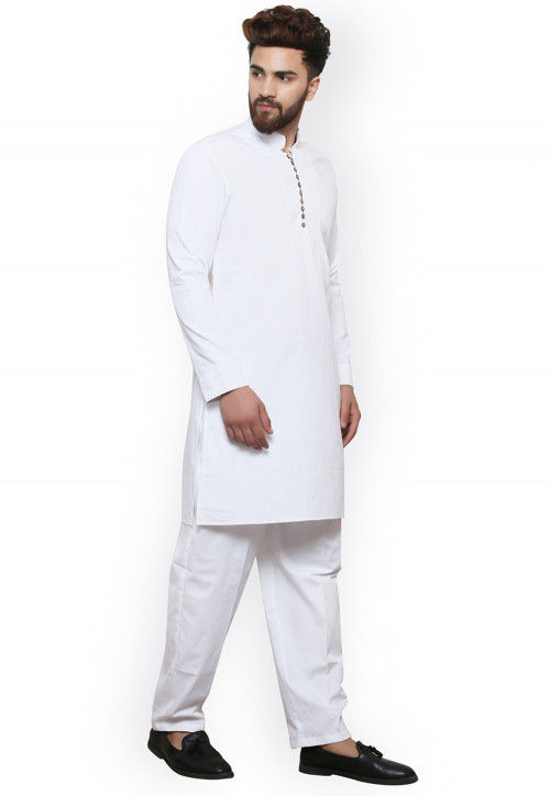 Solid Color Cotton Short Kurta Set in White : MVE1091