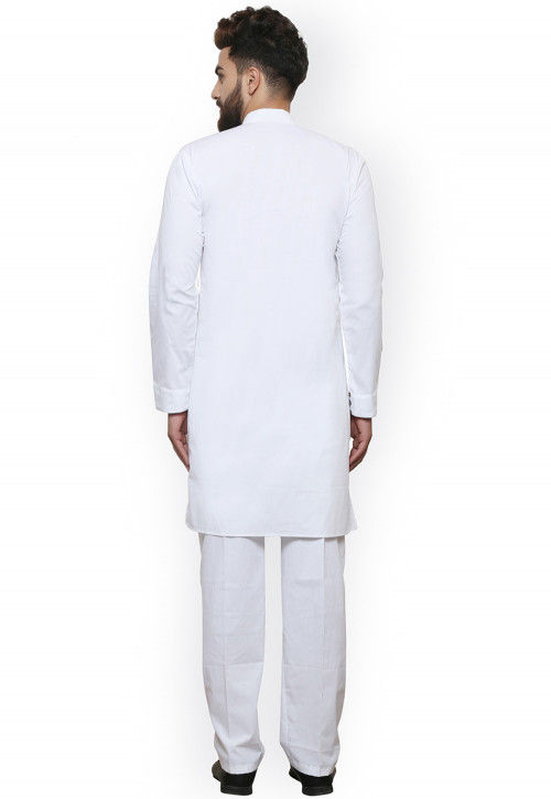 Solid Color Cotton Short Kurta Set in White : MVE1091