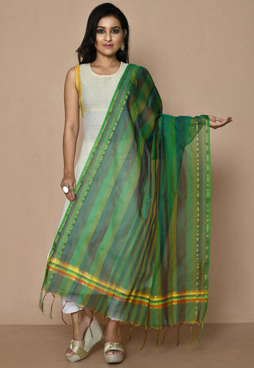 Solid Color Cotton Silk Dupatta From Banaras in Green