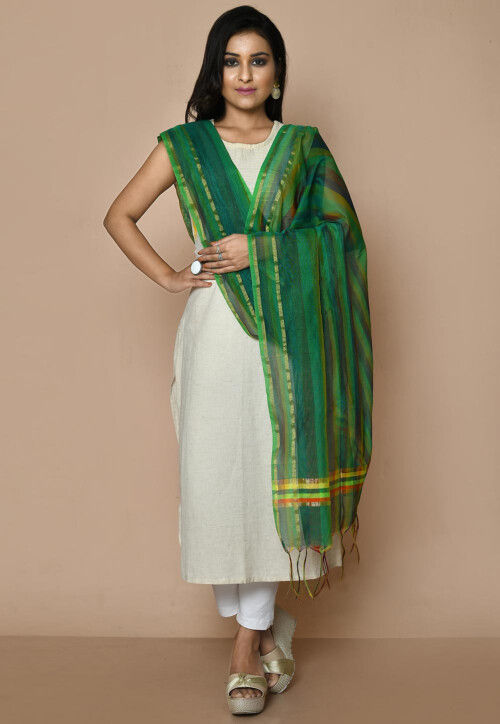 Solid Color Cotton Silk Dupatta From Banaras in Green