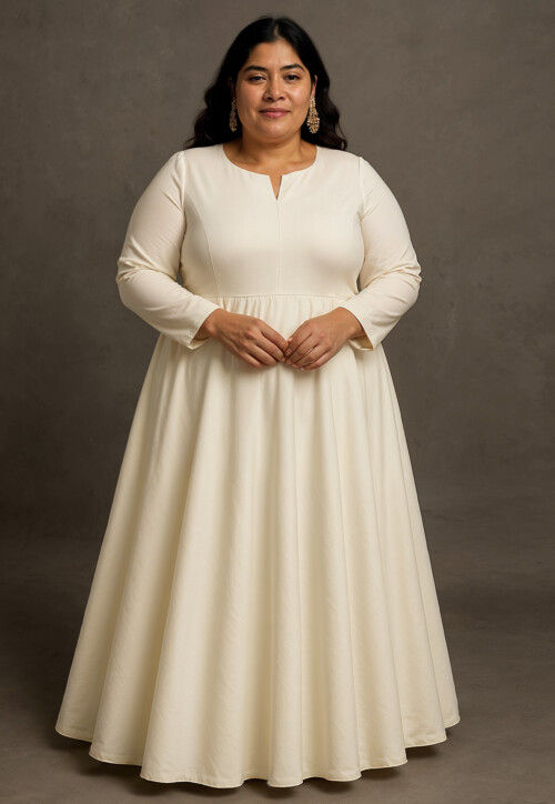 Solid Color Cotton Silk Gown in Off White