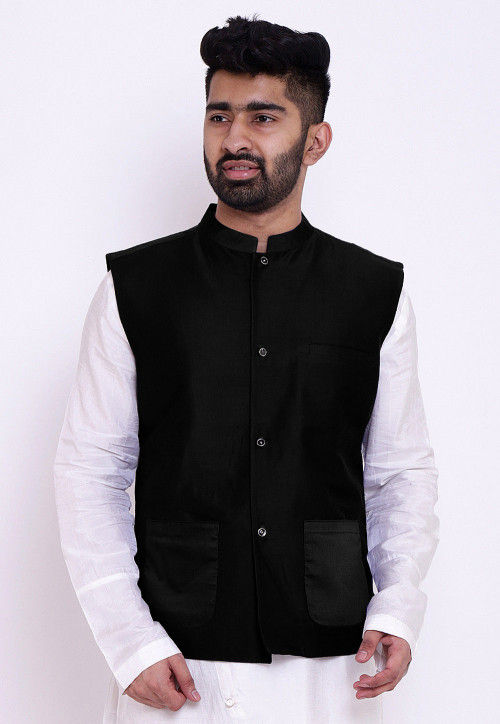 Black Cotton Poly Nehru Jacket - Veera Paridhaan - 2304868