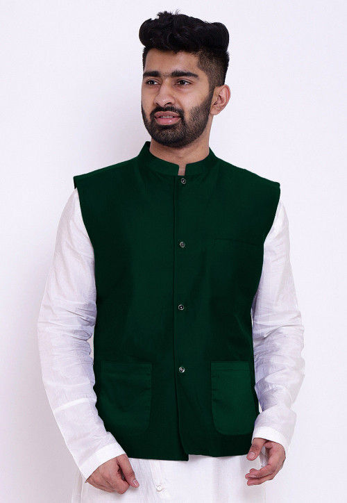 Dark Green Jacquard Nehru Jacket – EDWAN by Rushab Khandelwal