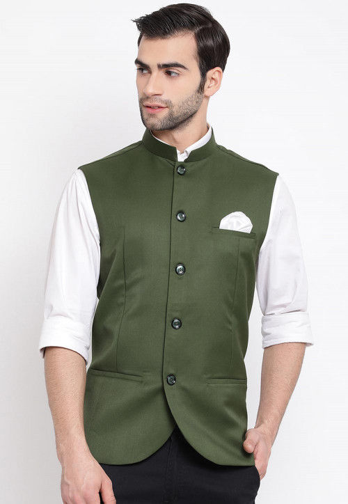 Buy Solid Color Cotton Silk Nehru Jacket in Olive Green Online ...
