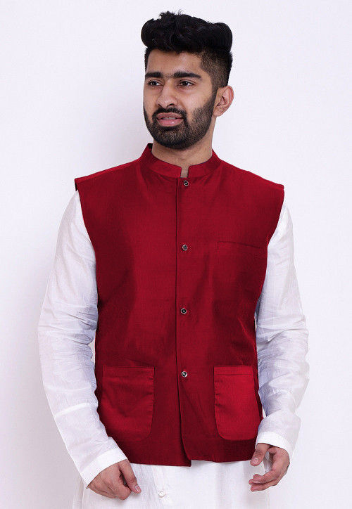 Buy Solid Color Cotton Silk Nehru Jacket in Red Online MTE215 Utsav Fashion