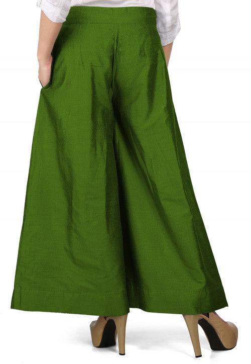 Solid Color Cotton Silk Palazzo in Olive Green : BJG55