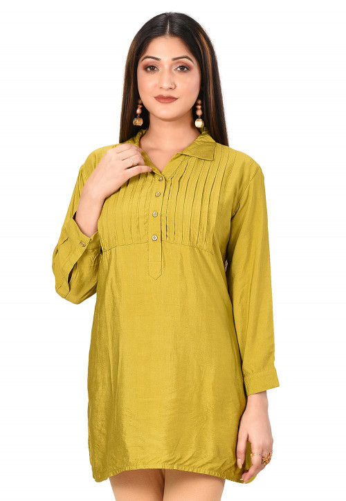 Solid Color Cotton Silk Top in Olive Green : TUF1347