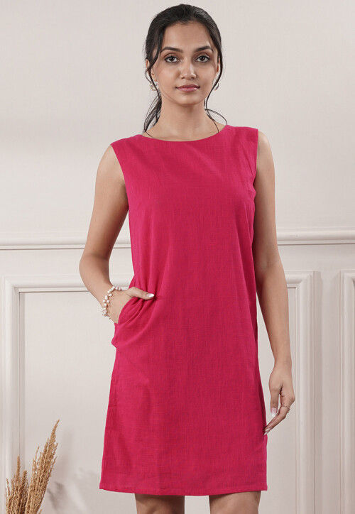 Solid Color Cotton Slub A Line Dress in Fuchsia