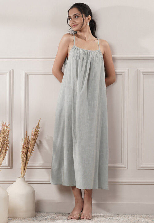 Solid Color Cotton Slub A Line Dress in Grey