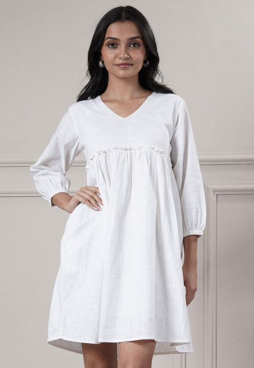 Buy Solid Color Cotton Slub Fit N Flare Dress in Off White Online : TBF323  - Utsav Fashion