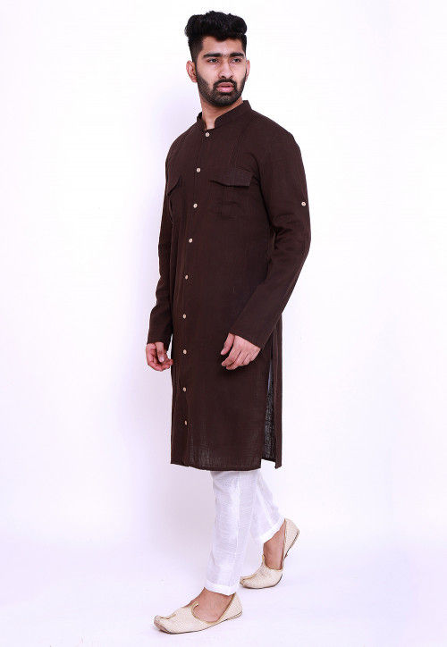 Solid Color Cotton Slub Pathani Suit in Brown