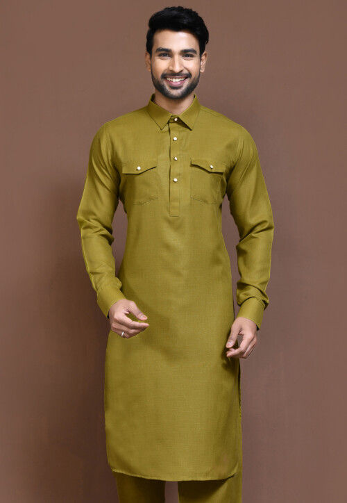 Solid Color Cotton Slub Kurta in Olive Green