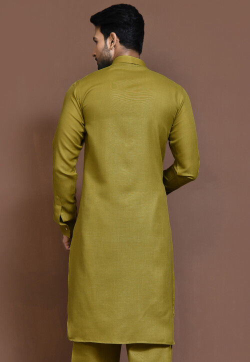Solid Color Cotton Slub Kurta in Olive Green