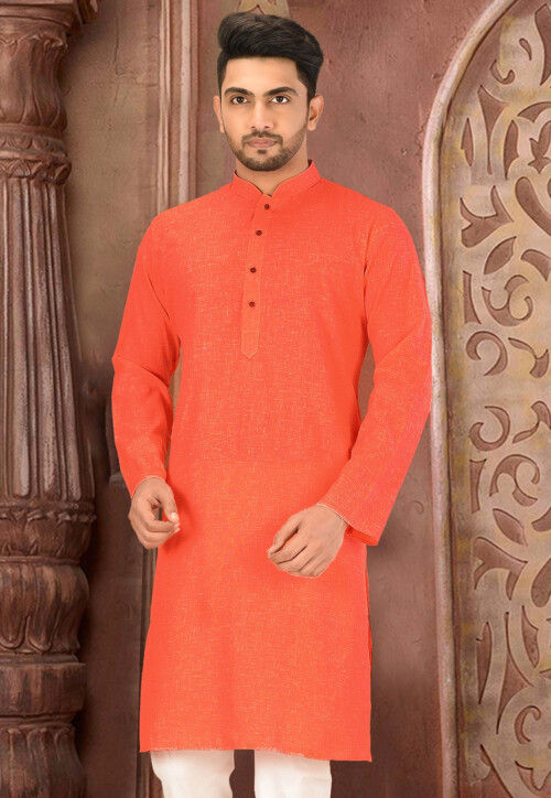 Solid Color Cotton Slub Kurta in Peach