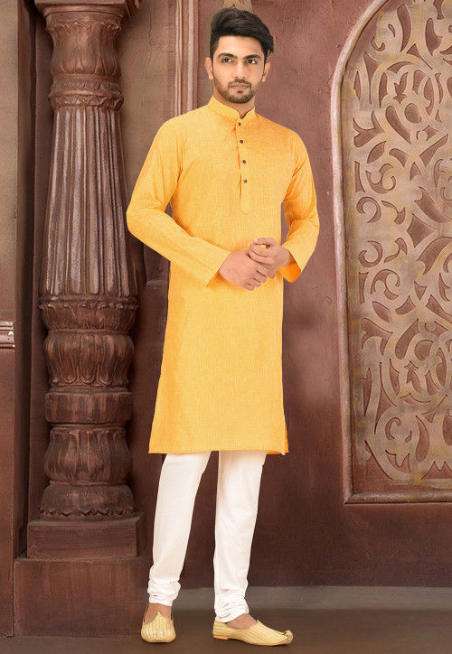 Solid Color Cotton Slub Kurta Set in Mustard