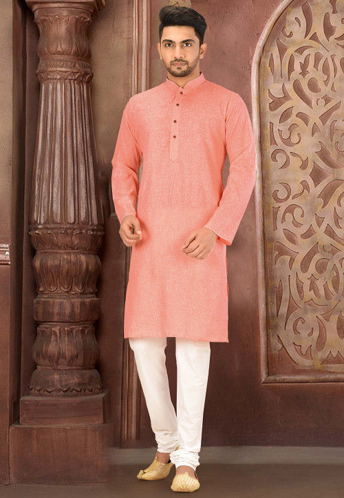 Buy Solid Color Cotton Slub Kurta Set in Peach Online MLC478 Utsav Fashion