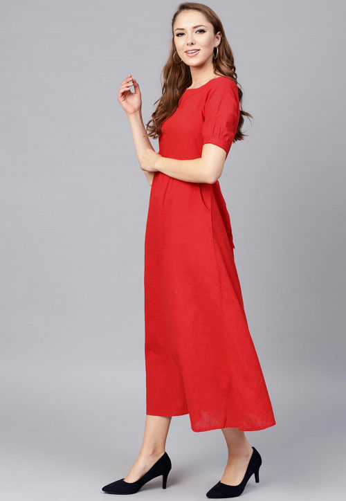 Solid Color Cotton Slub Maxi Dress in Red : TJA2308