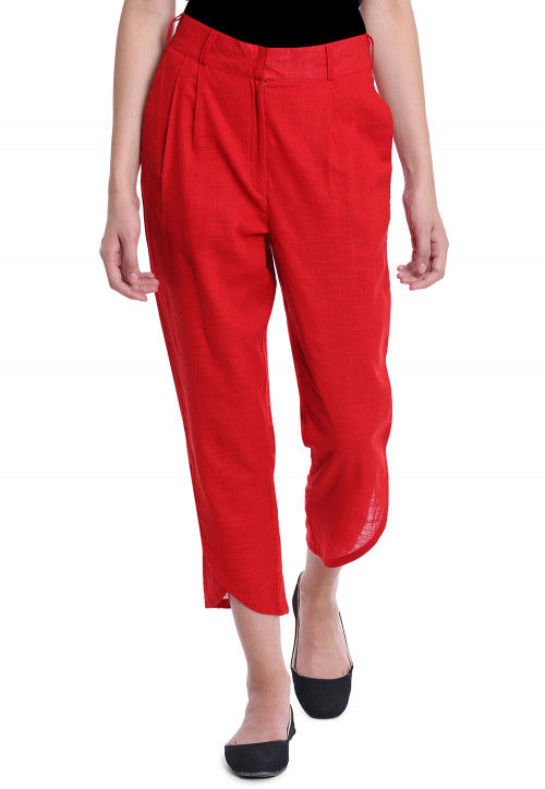 Solid Color Cotton Slub Pant in Red