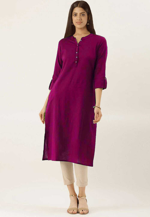 Solid Color Cotton Straight Kurta in Magenta