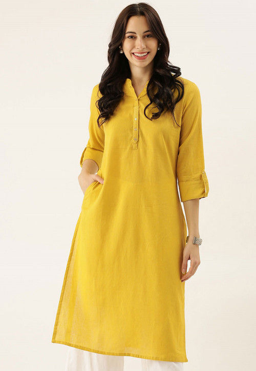 Solid Color Cotton Straight Kurta in Mustard