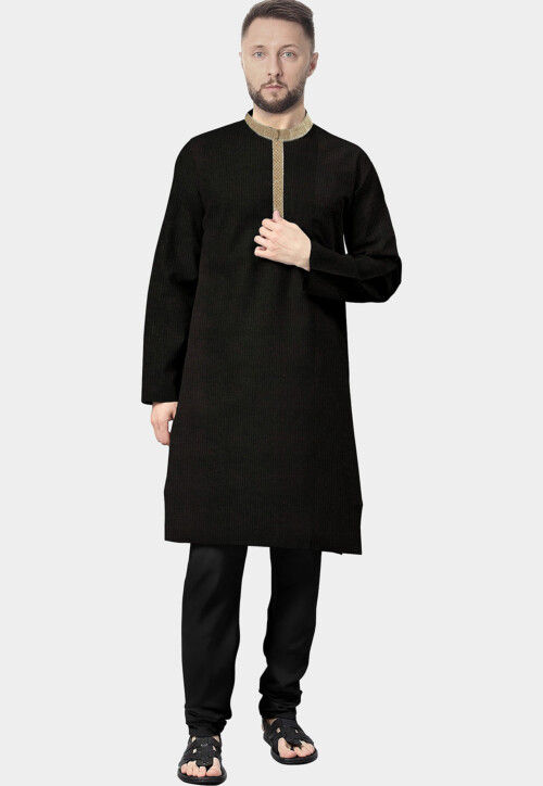 Solid Color Cotton Straight Kurta Set in Black