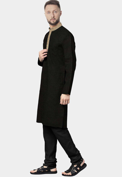 Solid Color Cotton Straight Kurta Set in Black