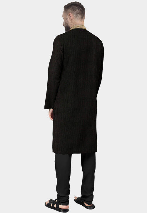 Solid Color Cotton Straight Kurta Set in Black