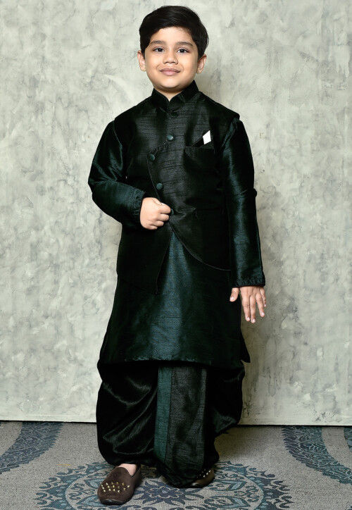 Solid Color Dupion Dhoti Kurta Jacket in Dark Green and Black