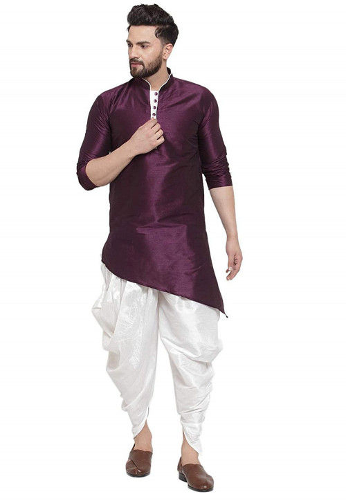 Buy Solid Color Dupion Silk Asymmetric Dhoti Kurta in Dark Purple