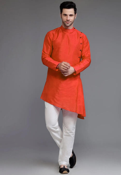 Solid Color Dupion Silk Asymmetric Kurta Set in Rust