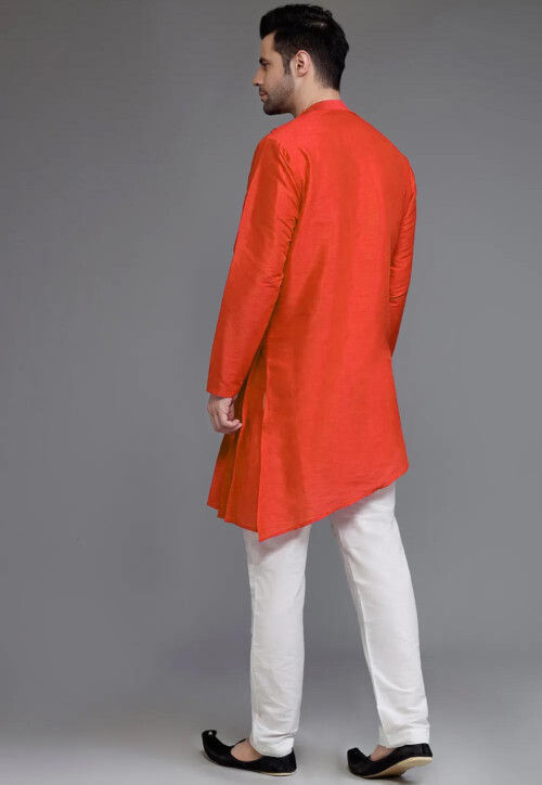 Solid Color Dupion Silk Asymmetric Kurta Set in Rust