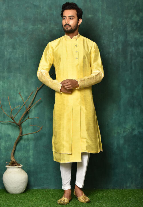 Solid Color Dupion Silk Asymmetric Kurta Set in Yellow