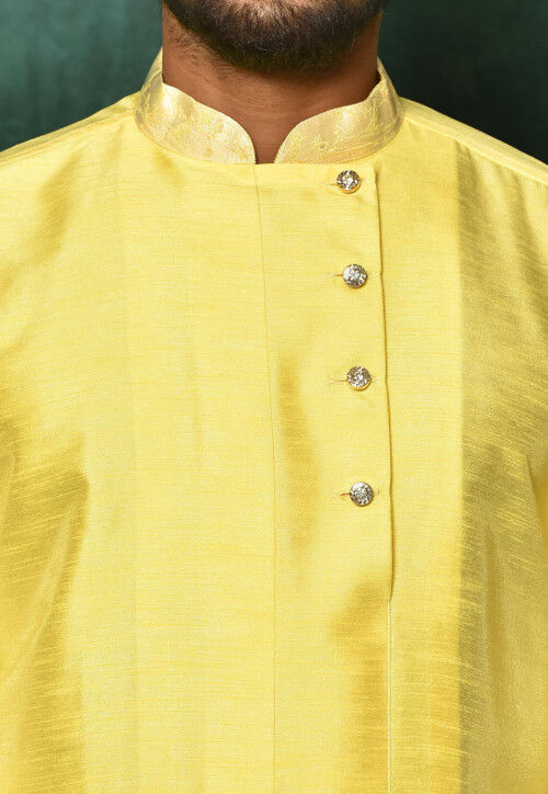 Solid Color Dupion Silk Asymmetric Kurta Set in Yellow