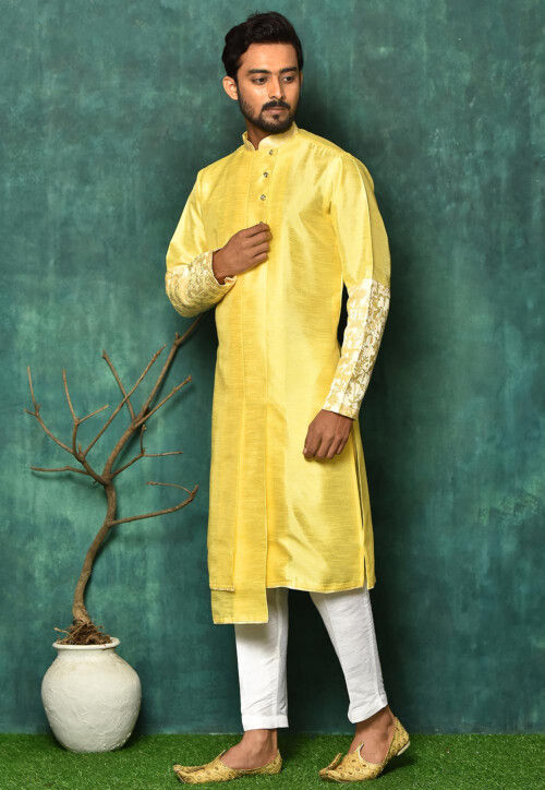 Solid Color Dupion Silk Asymmetric Kurta Set in Yellow