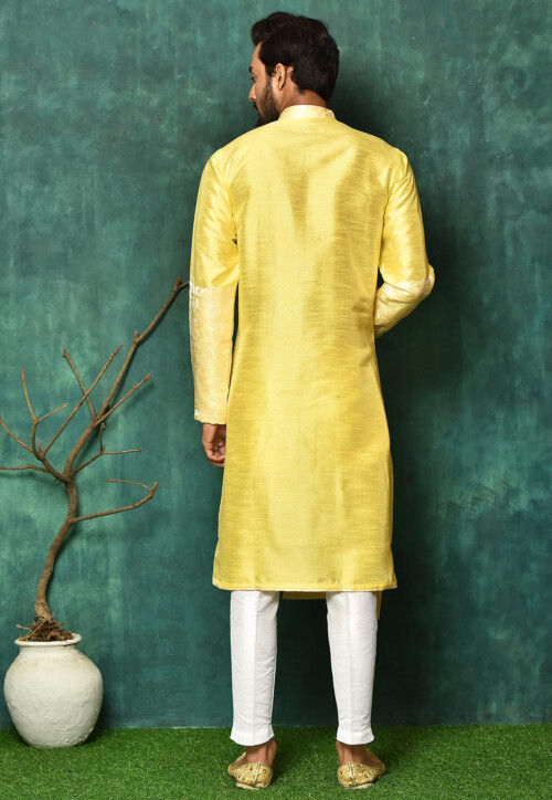 Solid Color Dupion Silk Asymmetric Kurta Set in Yellow