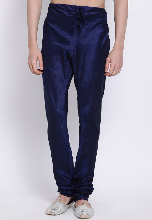 Solid Color Dupion Silk Churidar in Navy Blue