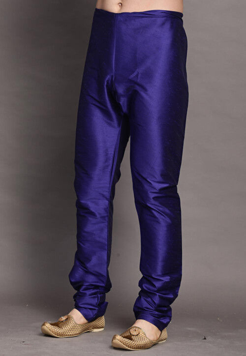 Solid Color Dupion Silk Churidar in Navy Blue