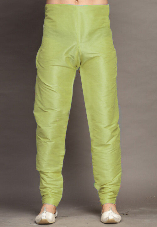 Solid Color Dupion Silk Churidar in Olive Green