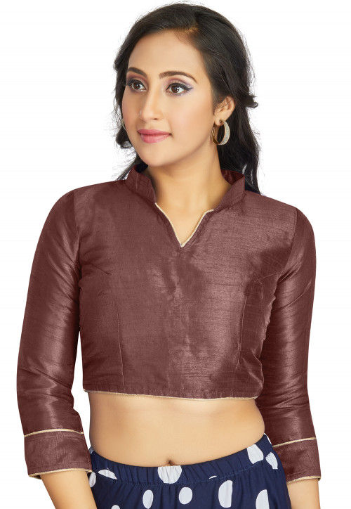 Solid Color Dupion Silk Cutout Back Blouse in Dark Brown