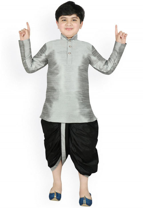 Solid Color Dupion Silk Dhoti Kurta in Grey