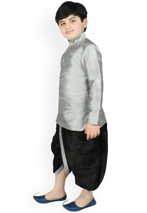 Solid Color Dupion Silk Dhoti Kurta in Grey