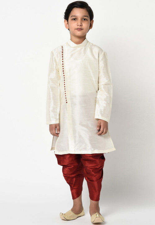 Solid Color Dupion Silk Dhoti Kurta Set in Off White UAS104