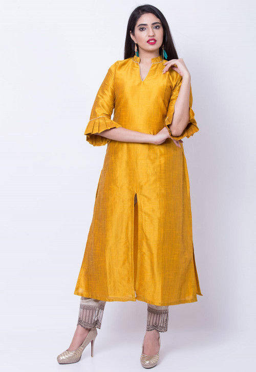 Solid Color Dupion Silk Front Slit Kurta in Mustard