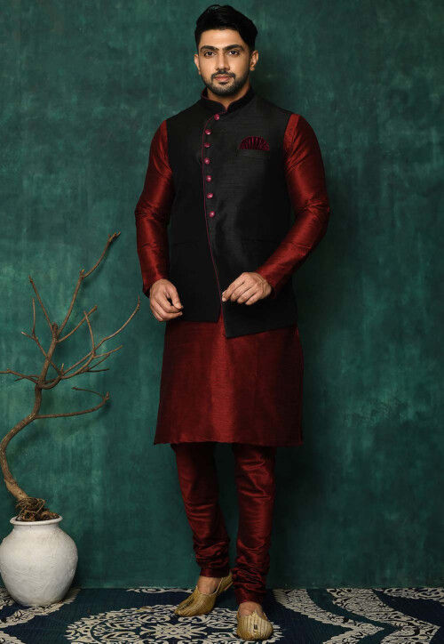 Buy Maroon Red Jacket Kurta Set In Silk With Threadwork KALKI Fashion India